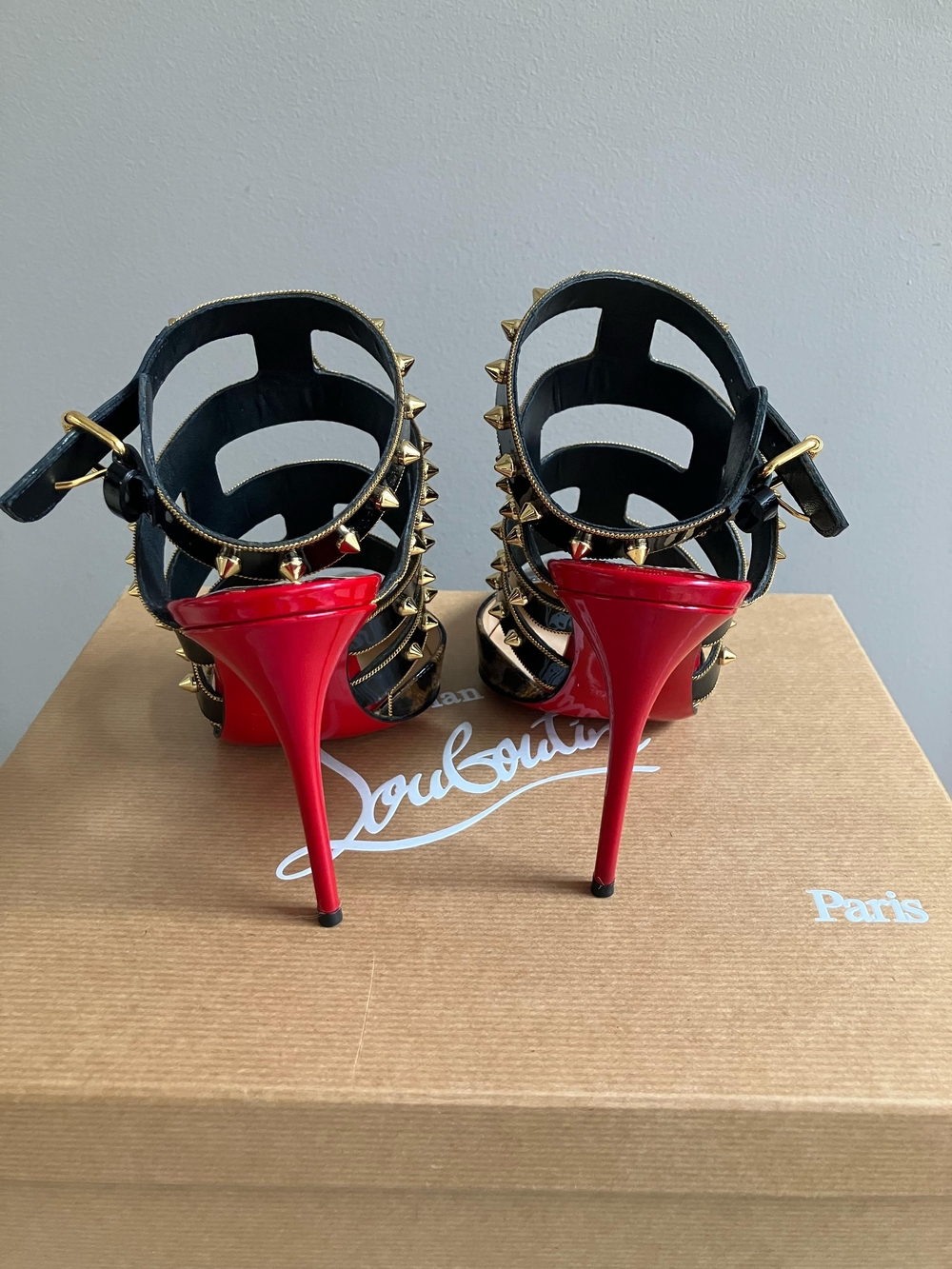 Christian Louboutin Leopard Pointed Studded Strap Pump - Black & Brown - Picture 6 of 7